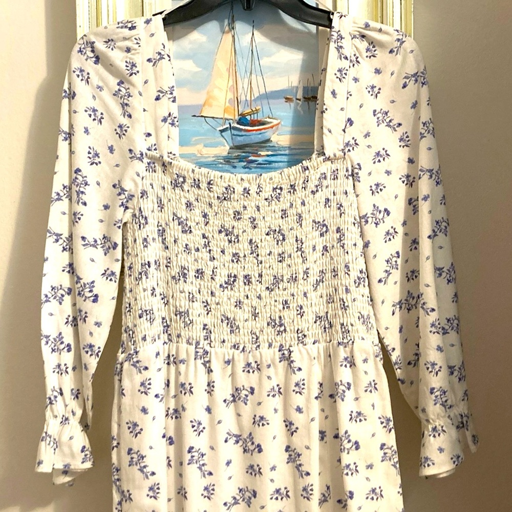 Floral Smocked Dress with Blue and White Pattern